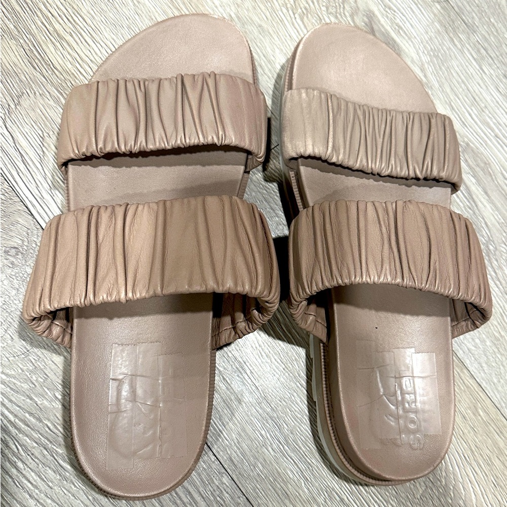 Sorel Roaming Two Strap Slide Sandal Brown Tan Leather Women's Size 9 GUC